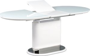 Jídelní stůl 140+40x80 cm, bílé sklo, MDF + bílý vysoký lesk, lesklý nerez