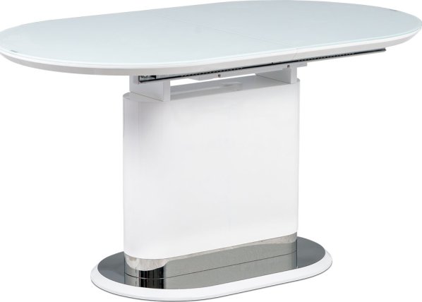 Jídelní stůl 140+40x80 cm, bílé sklo, MDF + bílý vysoký lesk, lesklý nerez