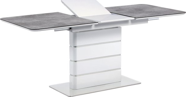 Jídelní stůl 140+40x80, šedé sklo, bílý vysoký lesk MDF, broušený nerez