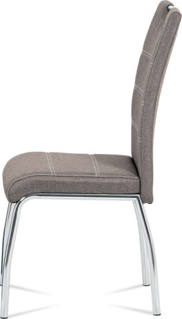 Jídelní židle, potah coffee látka, bílé prošití, kovová čtyřnohá chromovaná podnož