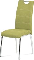 Jídelní židle, potah olivově zelená látka, bílé prošití, kovová čtyřnohá chromovaná podnož
