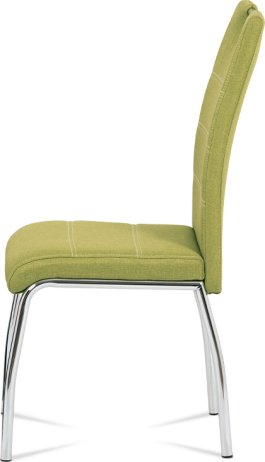 Jídelní židle, potah olivově zelená látka, bílé prošití, kovová čtyřnohá chromovaná podnož