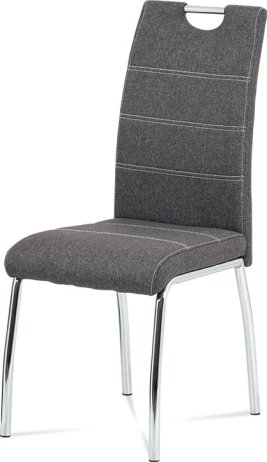 Jídelní židle, potah šedá látka, bílé prošití, kovová čtyřnohá chromovaná podnož
