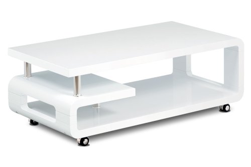 Konferenční stolek 115x60x43, bílá MDF vysoký lesk, chrom, 4 kolečka
