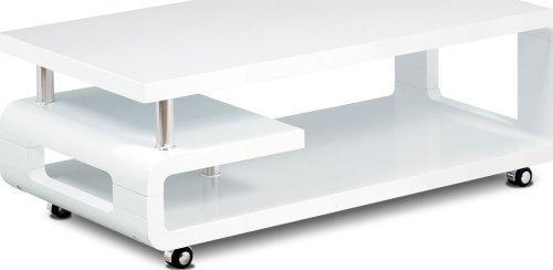 Konferenční stolek 115x60x43, bílá MDF vysoký lesk, chrom, 4 kolečka