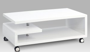 Konferenční stolek 115x60x45, bílá MDF vysoký lesk, chrom, 4 kolečka