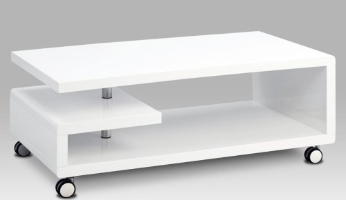 Konferenční stolek 115x60x45, bílá MDF vysoký lesk, chrom, 4 kolečka