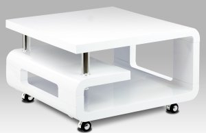 Konferenční stolek 70x70x43, bílá MDF vysoký lesk, chrom, 4 kolečka