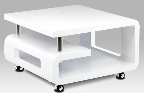 Konferenční stolek 70x70x43, bílá MDF vysoký lesk, chrom, 4 kolečka