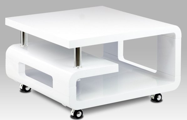 Konferenční stolek 70x70x43, bílá MDF vysoký lesk, chrom, 4 kolečka