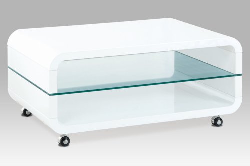 Konferenční stolek 90x60x40, MDF bílý vysoký lesk, čiré sklo, 4 kolečka