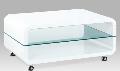 Konferenční stolek 90x60x40, MDF bílý vysoký lesk, čiré sklo, 4 kolečka