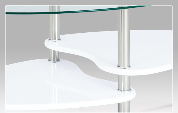 Konferenční stolek, sklo / police vysoký lesk bílý / leštěný nerez
